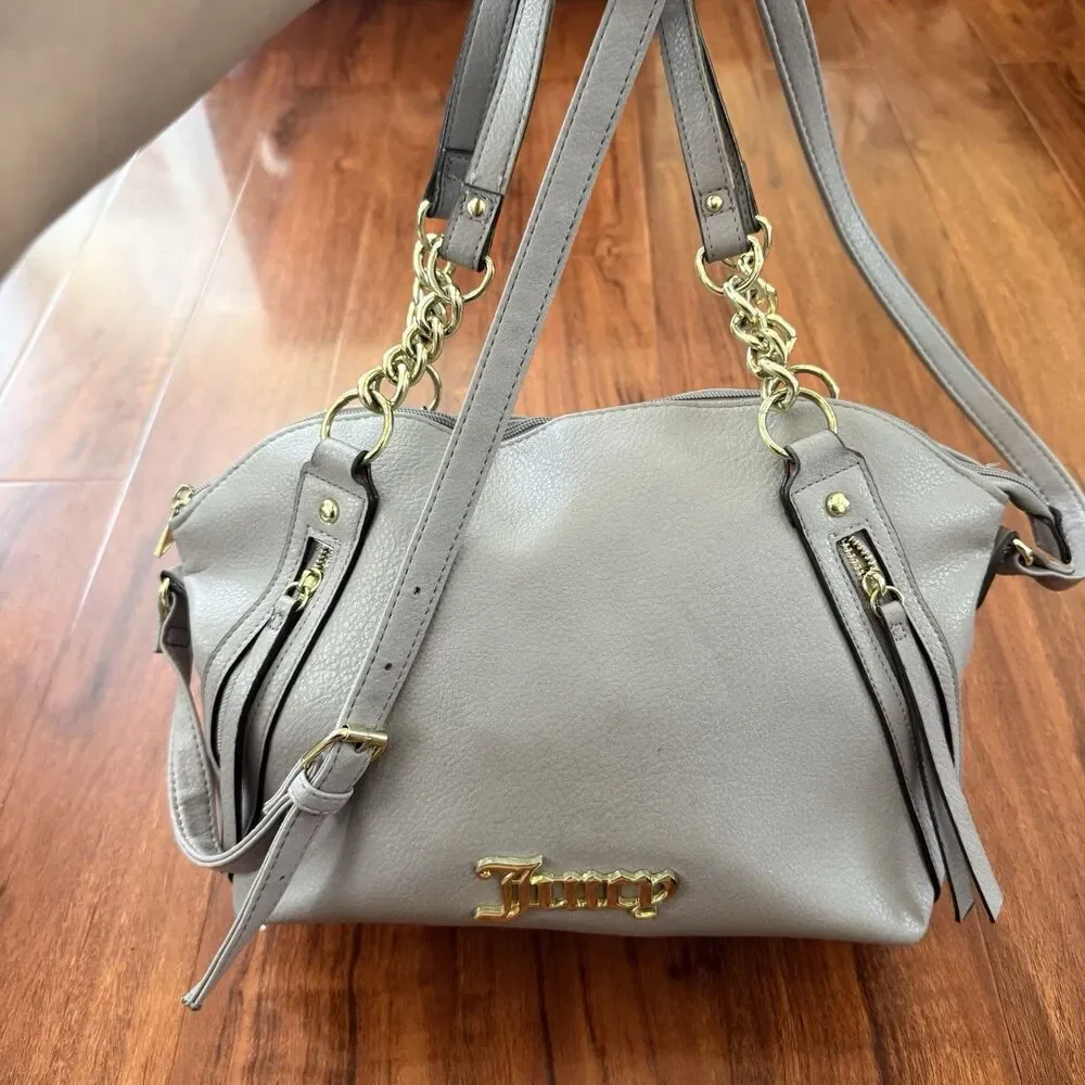Juicy Couture Zippered Up Satchel Bag Grey Gold Accents Y2K